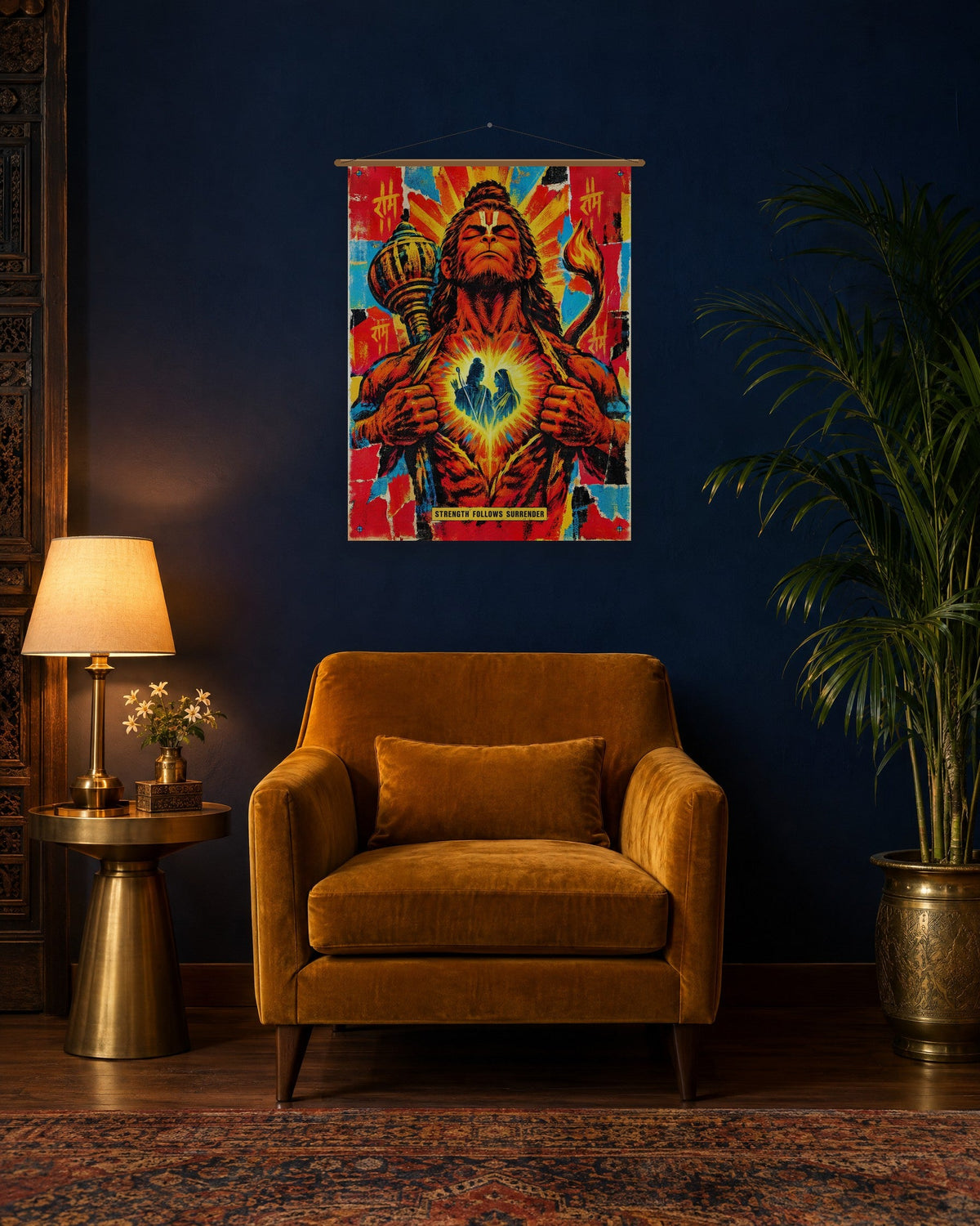 Strength Follows Surrender – Hanuman tapestry, tapestry in a second room