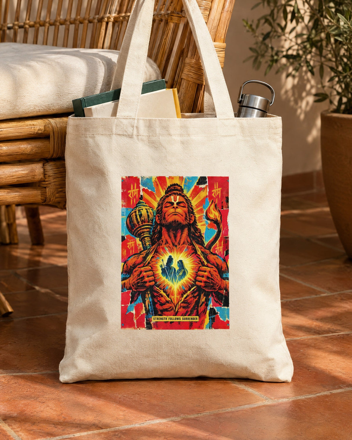 Strength Follows Surrender – Hanuman tote bag, tote bag in use