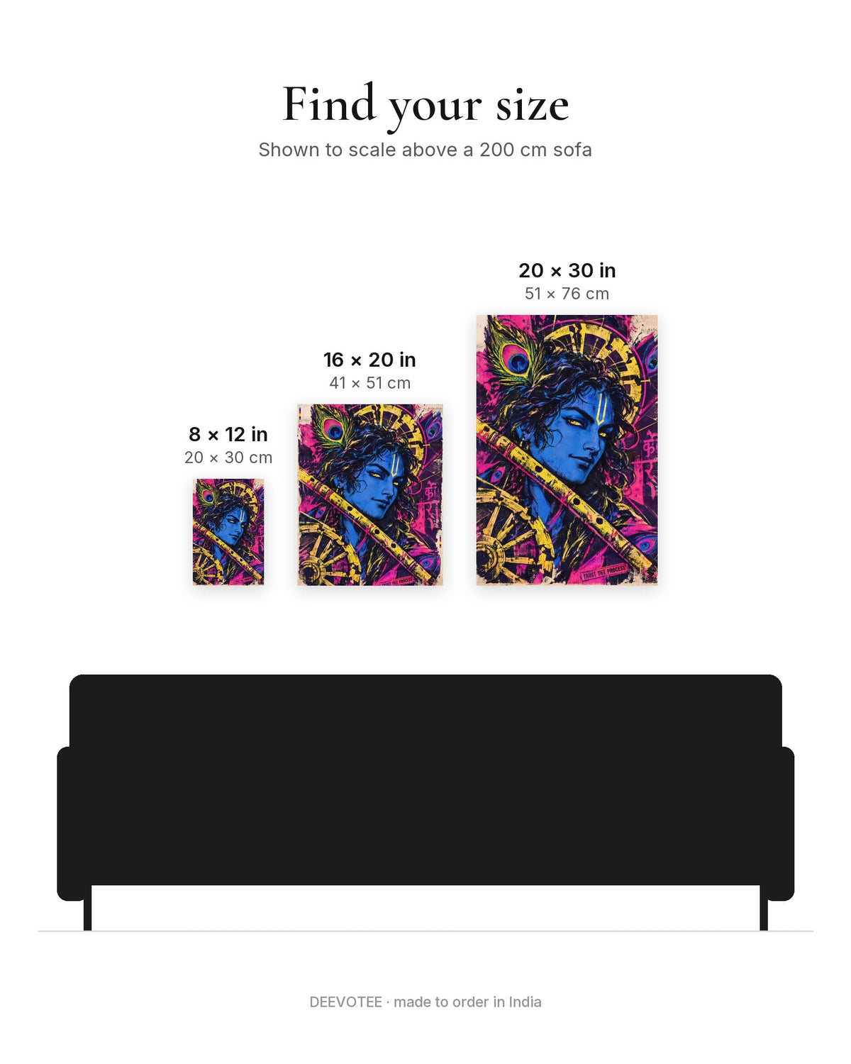 Trust The Process – Krishna canvas, size guide to scale