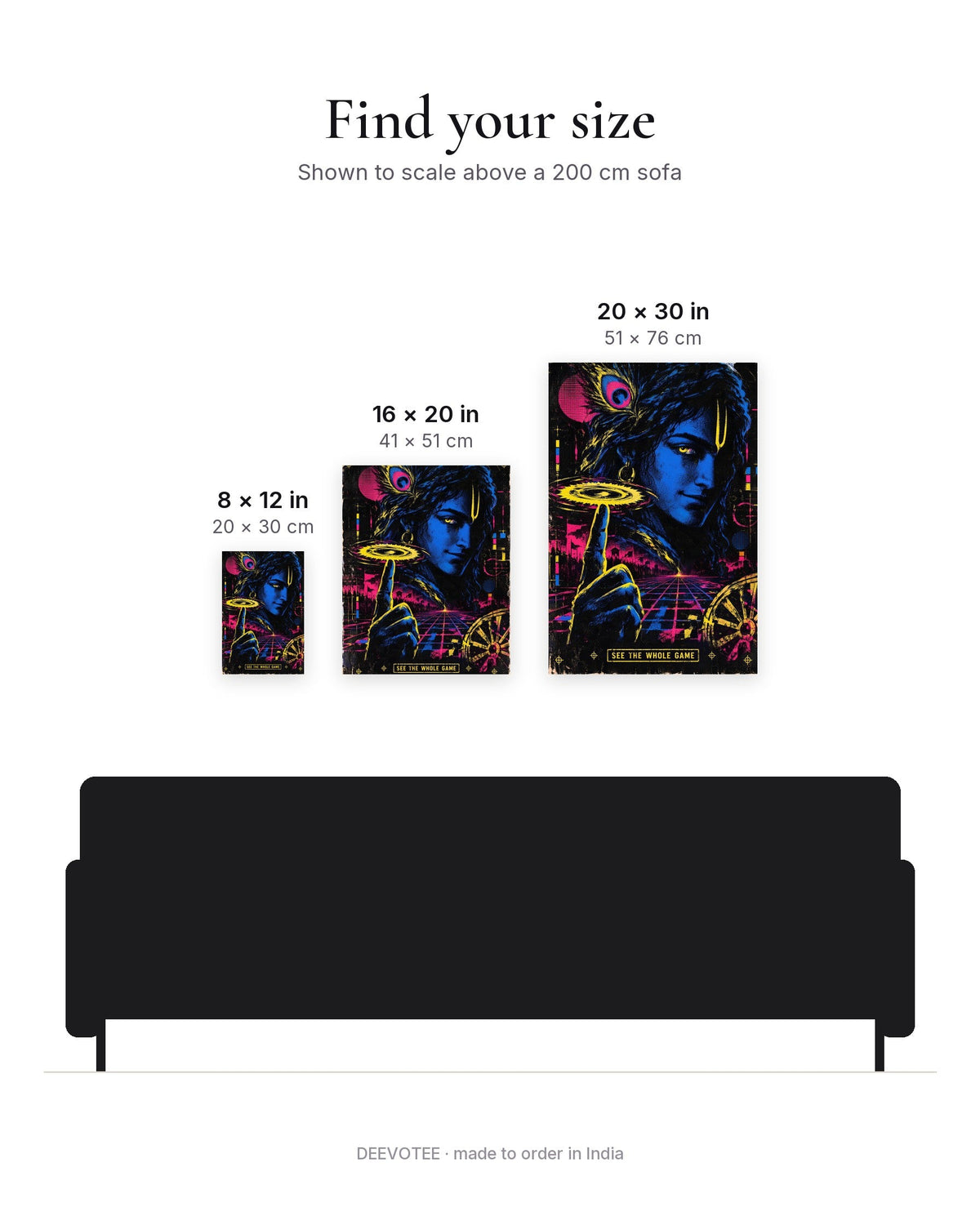 See The Whole Game – Krishna canvas, size guide to scale
