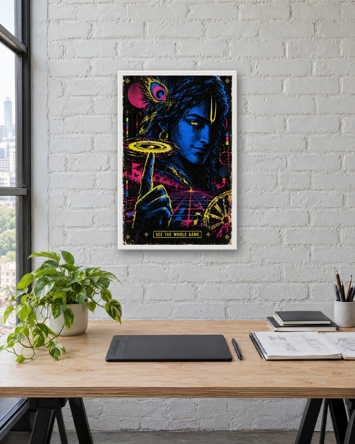 See The Whole Game – Krishna framed poster, white frame in a room