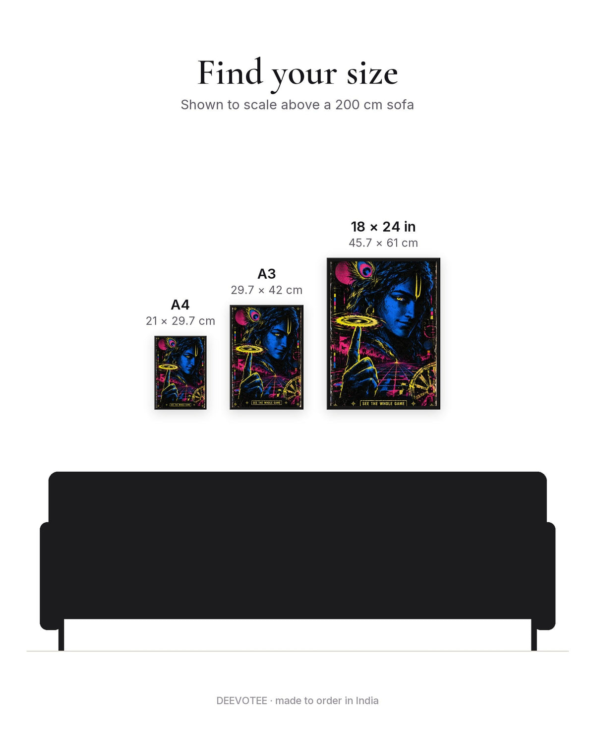 See The Whole Game – Krishna framed poster, size guide to scale