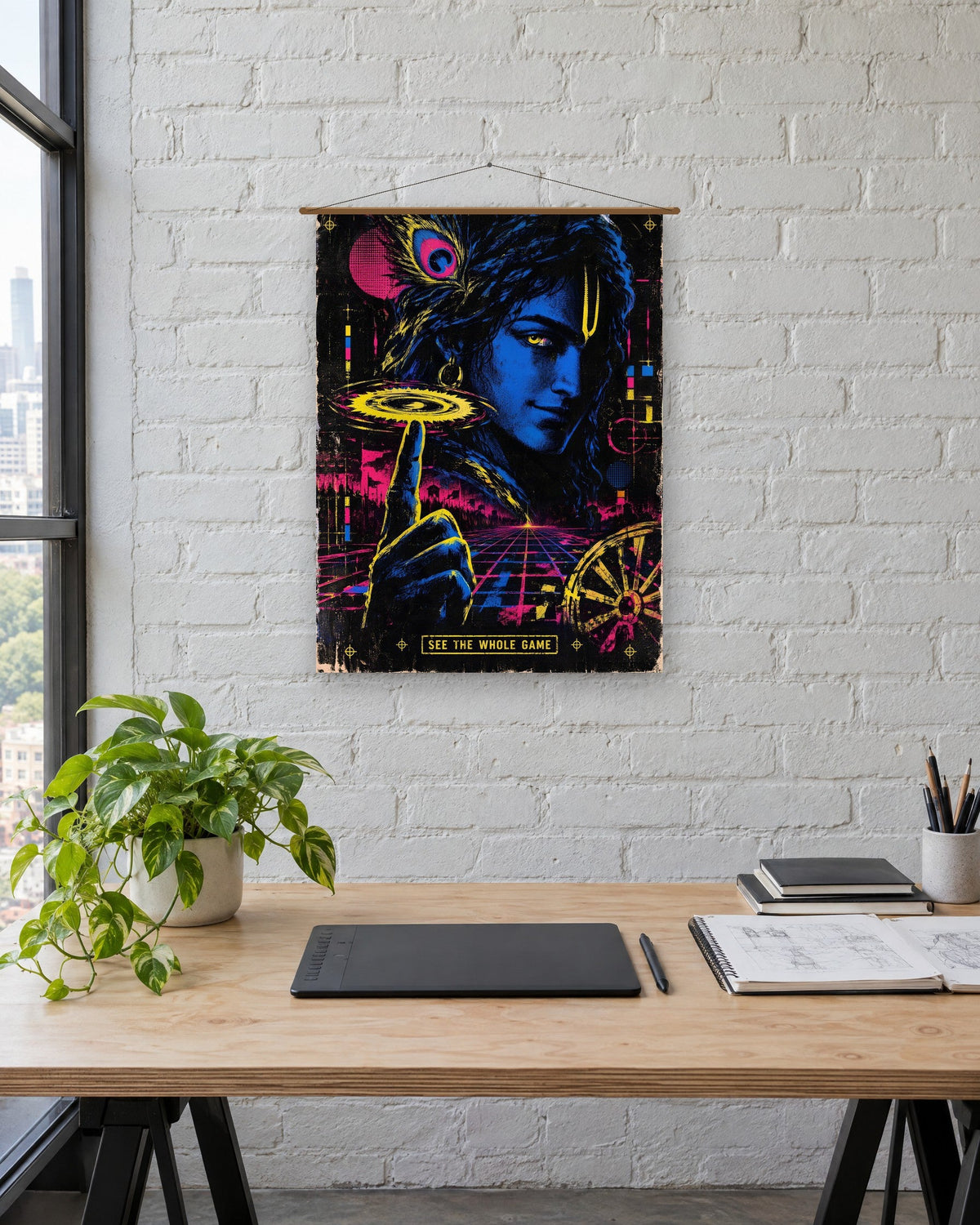 See The Whole Game – Krishna tapestry, tapestry in a room