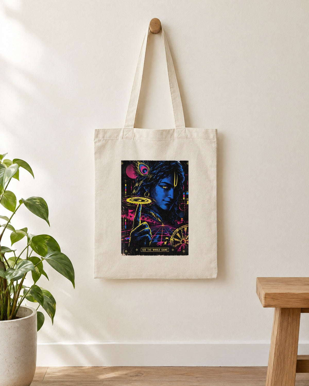 See The Whole Game – Krishna tote bag, tote bag hanging