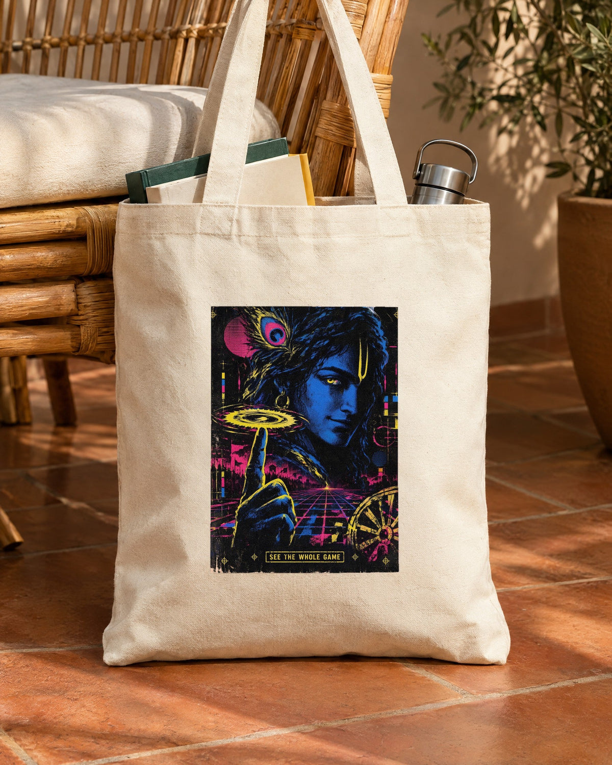 See The Whole Game – Krishna tote bag, tote bag in use