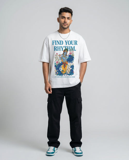 Model wearing Find Your Rhythm Krishna oversized tee