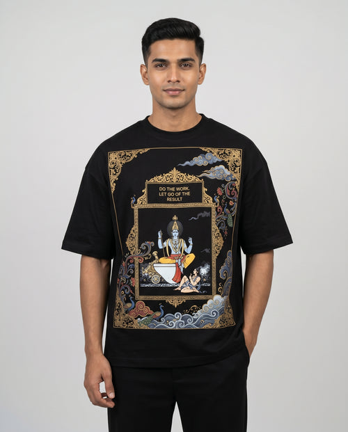 Model wearing Act Anyway Vishnu oversized tee