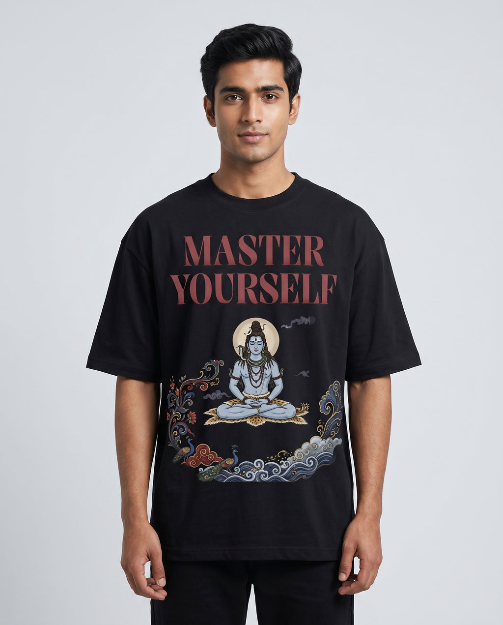 Model wearing Love Is Divine Radha Krishna oversized tee