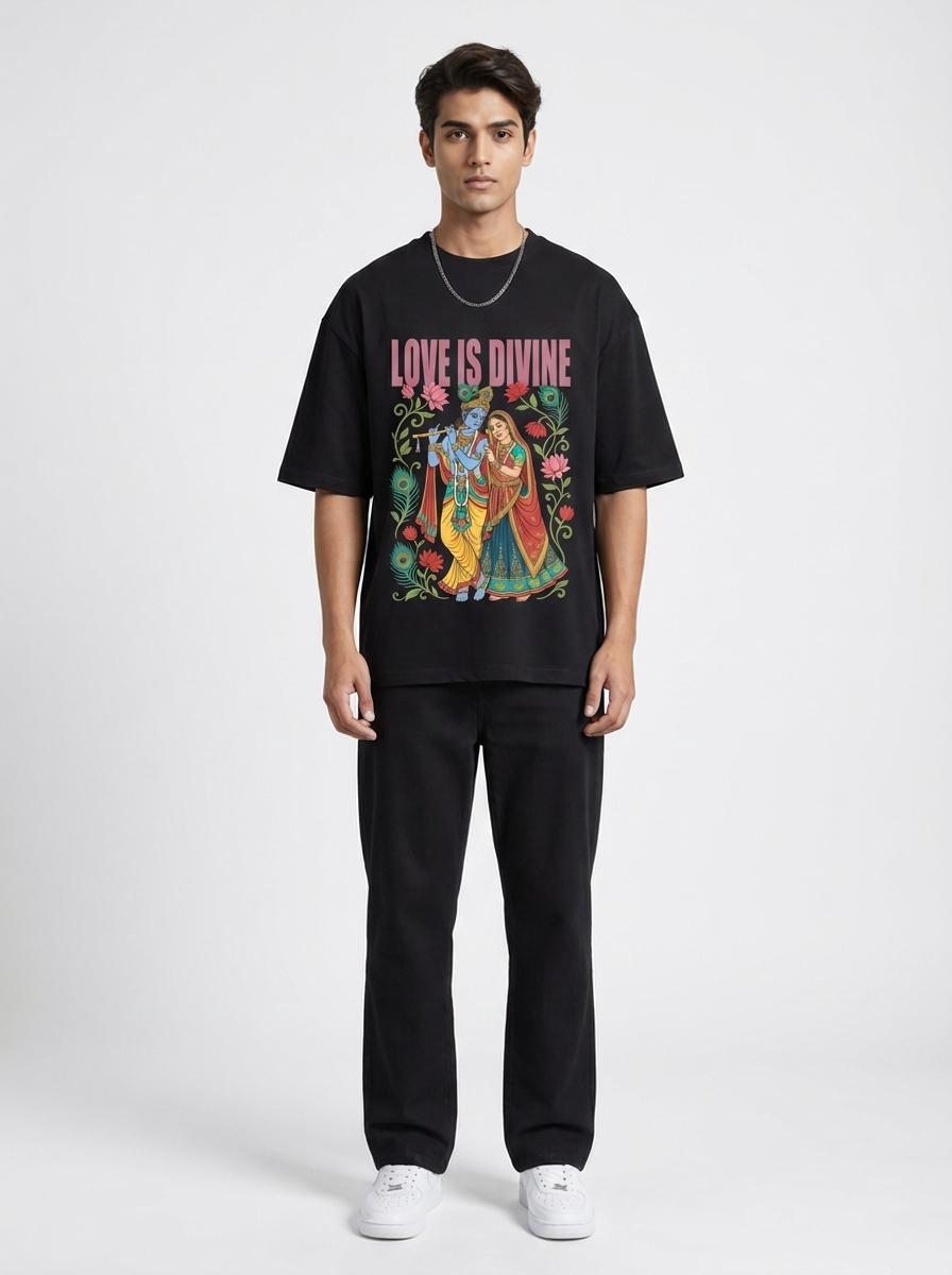Love Is Divine Radha Krishna oversized black tee - front