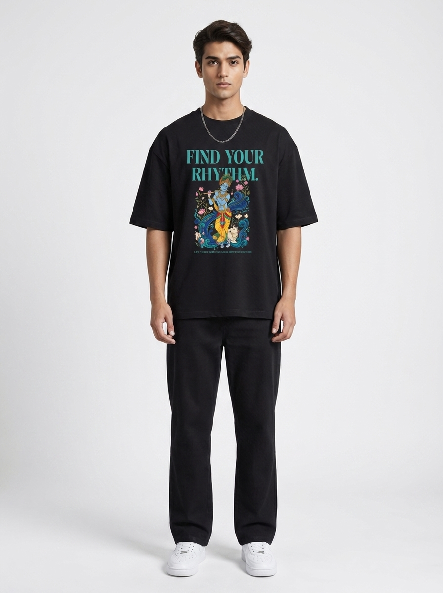 Find Your Rhythm Krishna oversized black tee - front